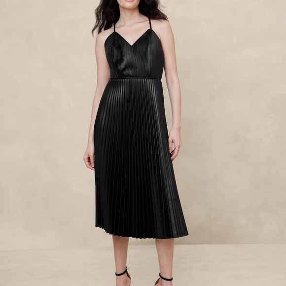 BANANA REPUBLIC VEGAN LEATHER PLEATED MIDI DRESS - Picture 1 of 2